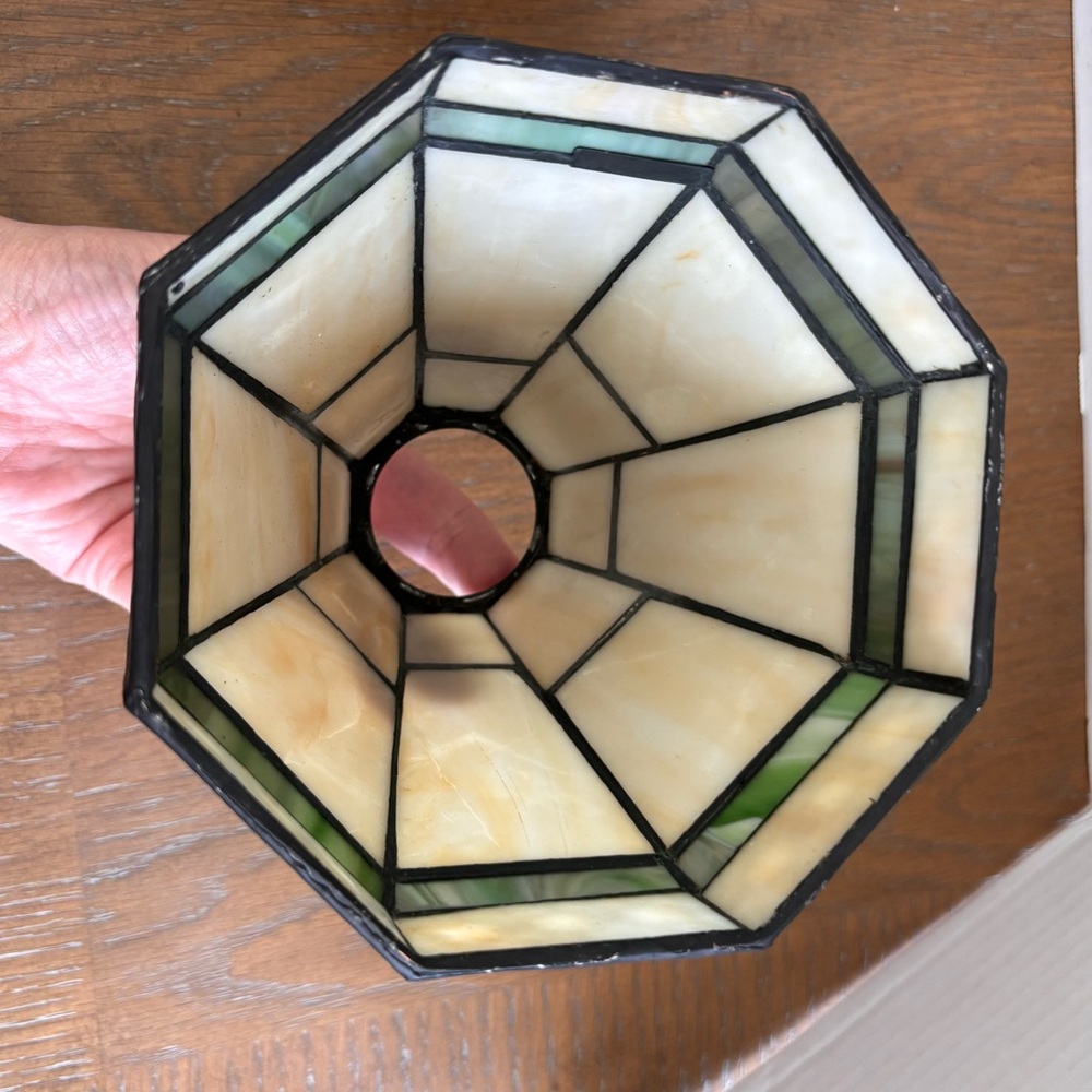 Stained Glass Mosaic Table Lamp Shade Pair in Ivory and Green - Picture 4 of 8